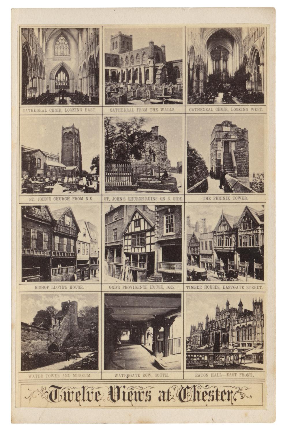A grid showing twelve different images taken in Chester, England. Photograph by Francis Bedford.