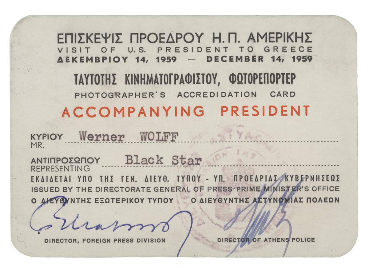 A greek press pass card for Werner Wolff.