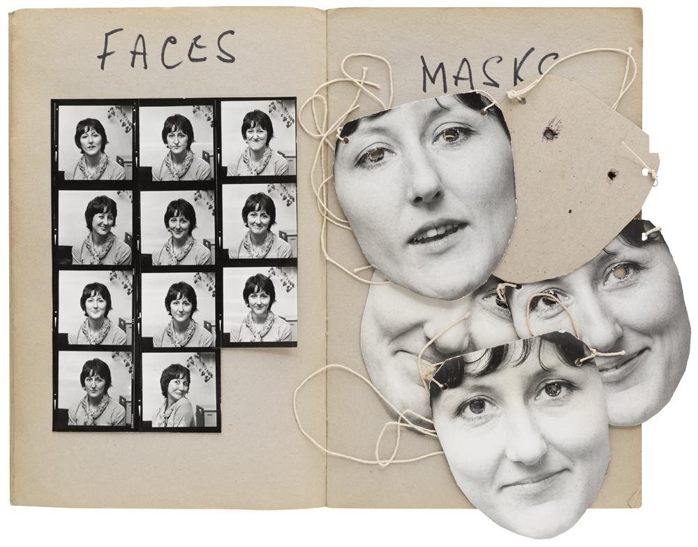 A series of pictures of faces and masks of faces from a print work book from 1977.