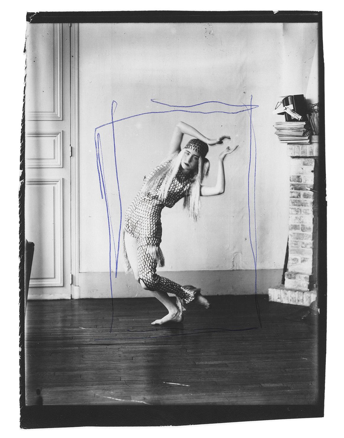 Photo of Lucia Joyce dancing with a box drawn around her figure with a pen in post-production