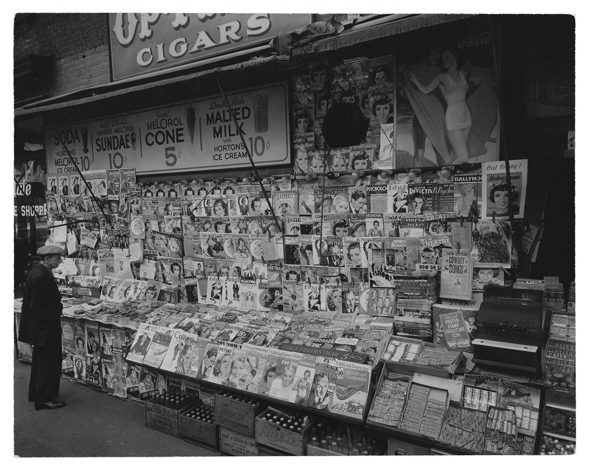 Newsstand at 32nd street and 3rd avenue in New York City taken in 1935.