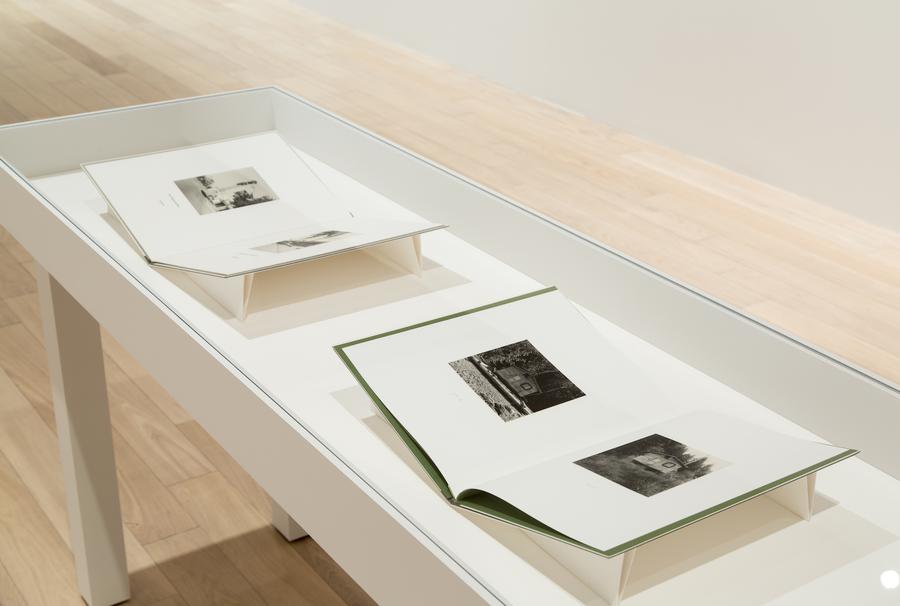 Diagonal view of two open books in a white display case