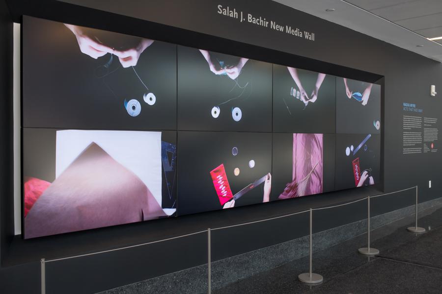 A video playing on a media wall with 8 different screens