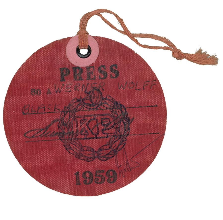 A press name tag reading "Werner Wolff, Black Star, 1959".
