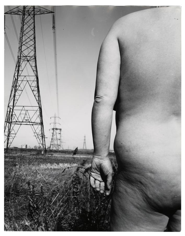 The backside of a nude person standing in an electrical field.