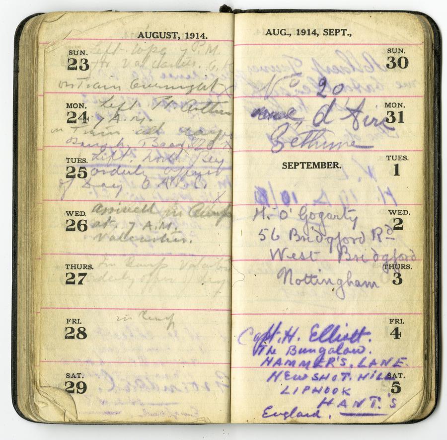 A worn daily planner with purple scribbles. Date reads August 1914