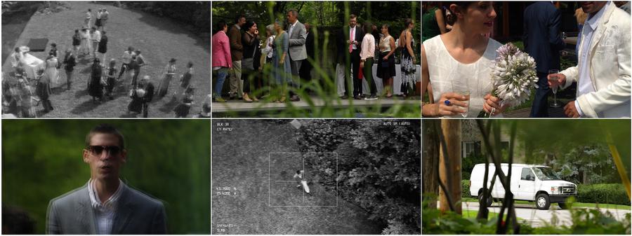 A grid of six drone photos of an outdoor wedding