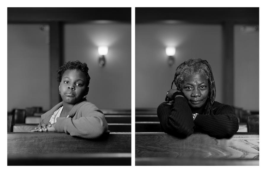 Two photographs of women sitting in church pews, on the left a young girl in a sweater, on the right an older woman in black