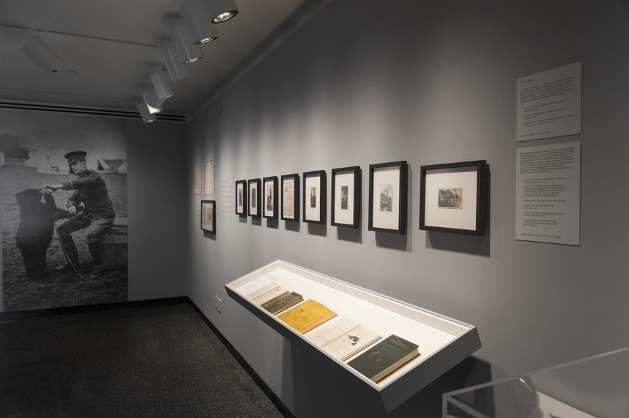 A line of old photographs in black frames, a white case hanging below containing old books