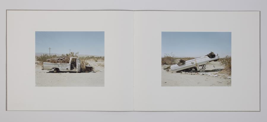 Diptych of a run-down white pick up truck in the desert