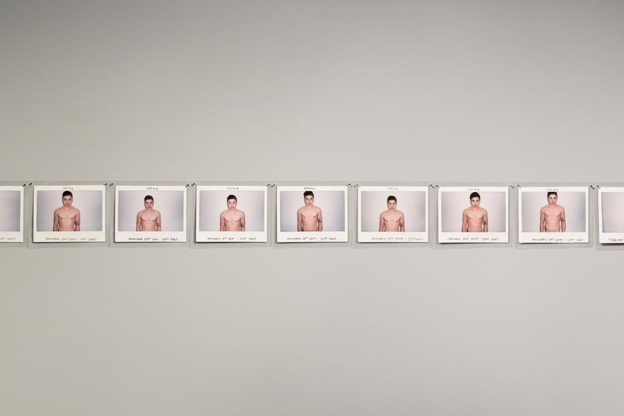 A row of polaroids of a shirtless man, each taken at different times and hand-labelled