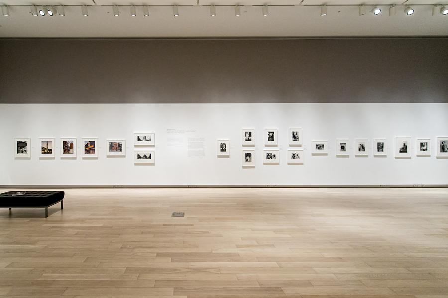 Wide shot of the gallery, photographs in white frames arranged in a long straight line