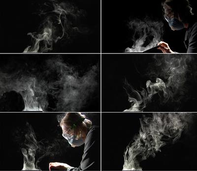 Six images of different smoke patterns, a woman wearing a mask